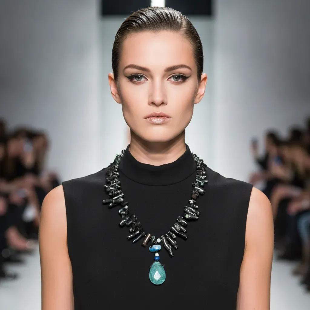 Model wearing a handcrafted Black Necklace featuring polished black coral beads and a large teardrop-shaped blue-green pendant. Styled with a sleeveless black high-neck dress on a runway, highlighting the necklace’s glossy finish and elegant contrast.