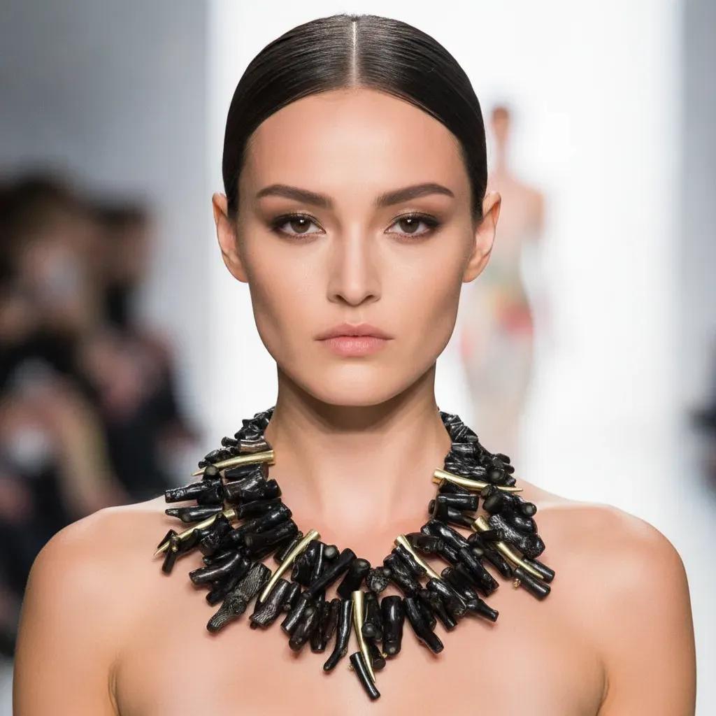 Model wearing a handcrafted three-strand Black Coral Necklace featuring polished black coral beads interspersed with 18K gold-plated tooth-shaped accents. Styled with sleek hair and a strapless look on a runway, highlighting the necklace’s bold sculptural design and luxurious contrast.