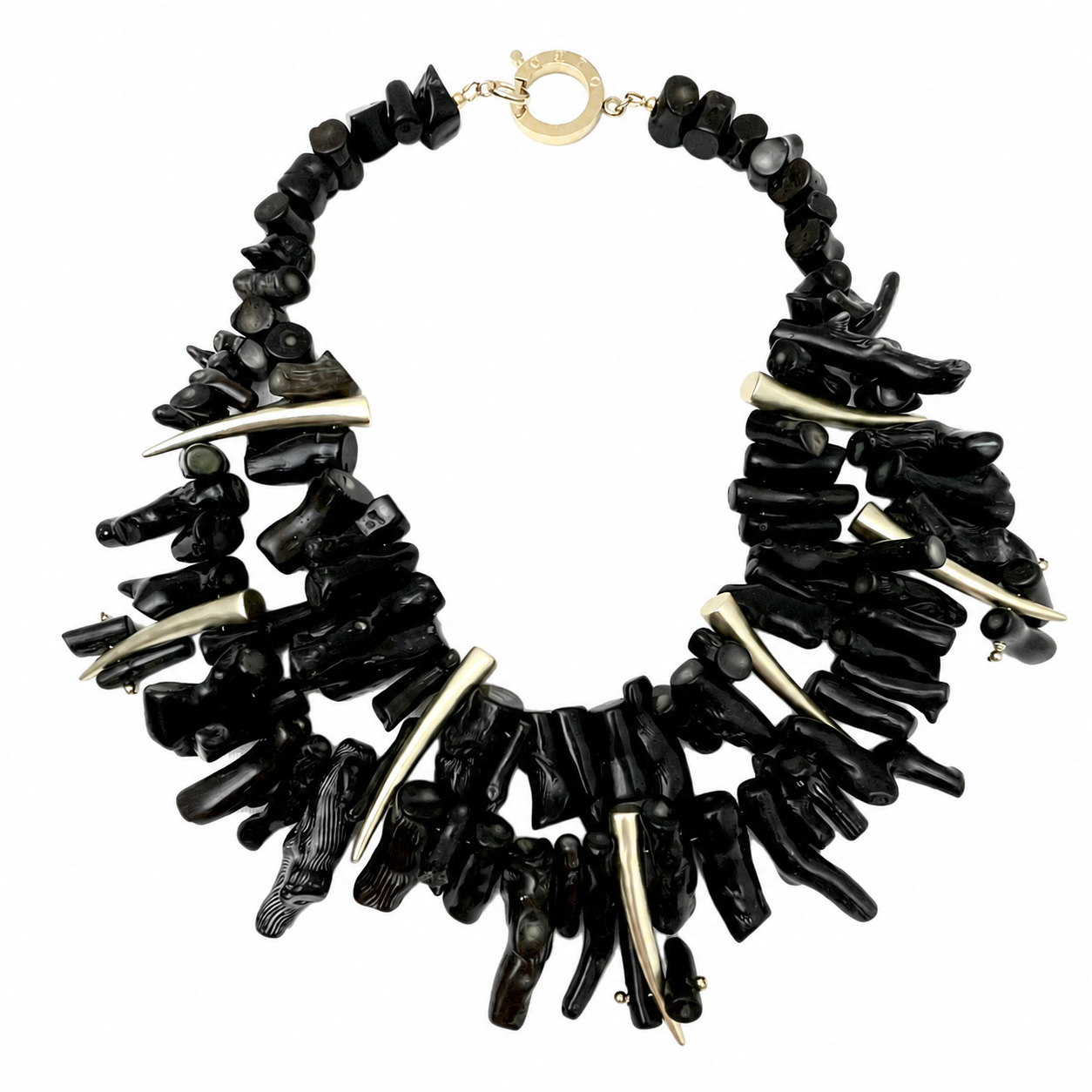 Handcrafted three-strand Black Coral Necklace composed of polished black coral beads and 18K gold-plated tooth-shaped accents. Displayed on a white background, emphasizing its organic texture, glossy finish, and refined craftsmanship.