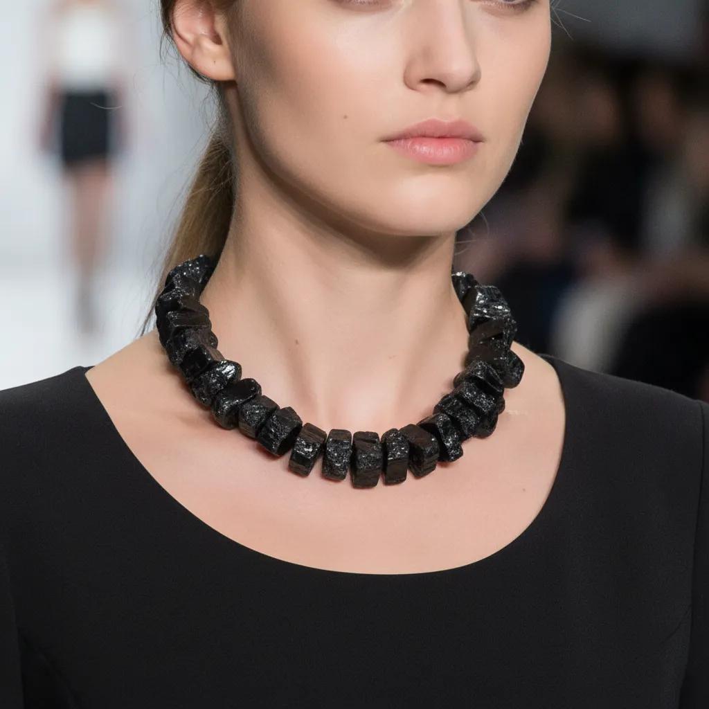 Model wearing a handcrafted Tourmaline Necklace featuring chunky, raw black tourmaline stones arranged in a bold circular design. Styled with a simple black dress on a runway, highlighting the necklace’s textured surface and natural elegance.