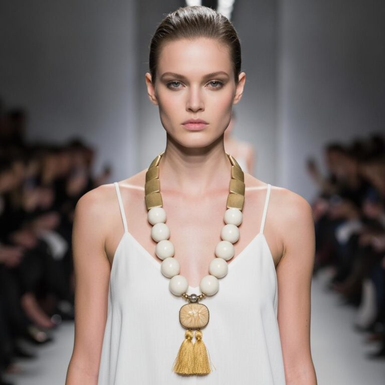 Model wearing a Caro Original statement necklace featuring large ivory beads, gold links, and a carved pendant with golden tassels.