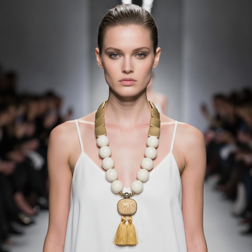 Model wearing a Caro Original statement necklace featuring large ivory beads, gold links, and a carved pendant with golden tassels.