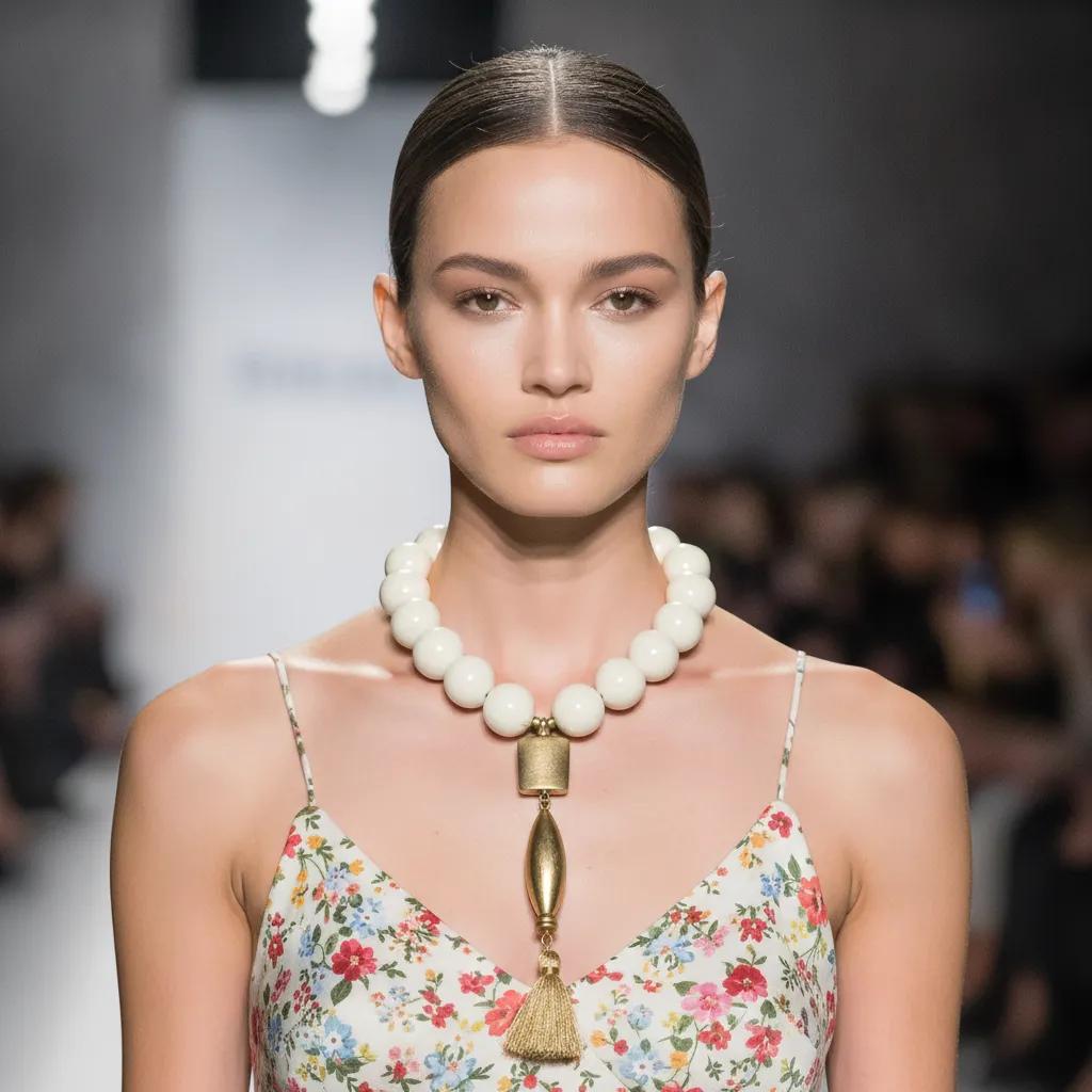 Model wearing a Caro Original chunky necklace featuring large ivory beads, gold pendant elements, and a golden tassel, styled with a floral dress on the runway.