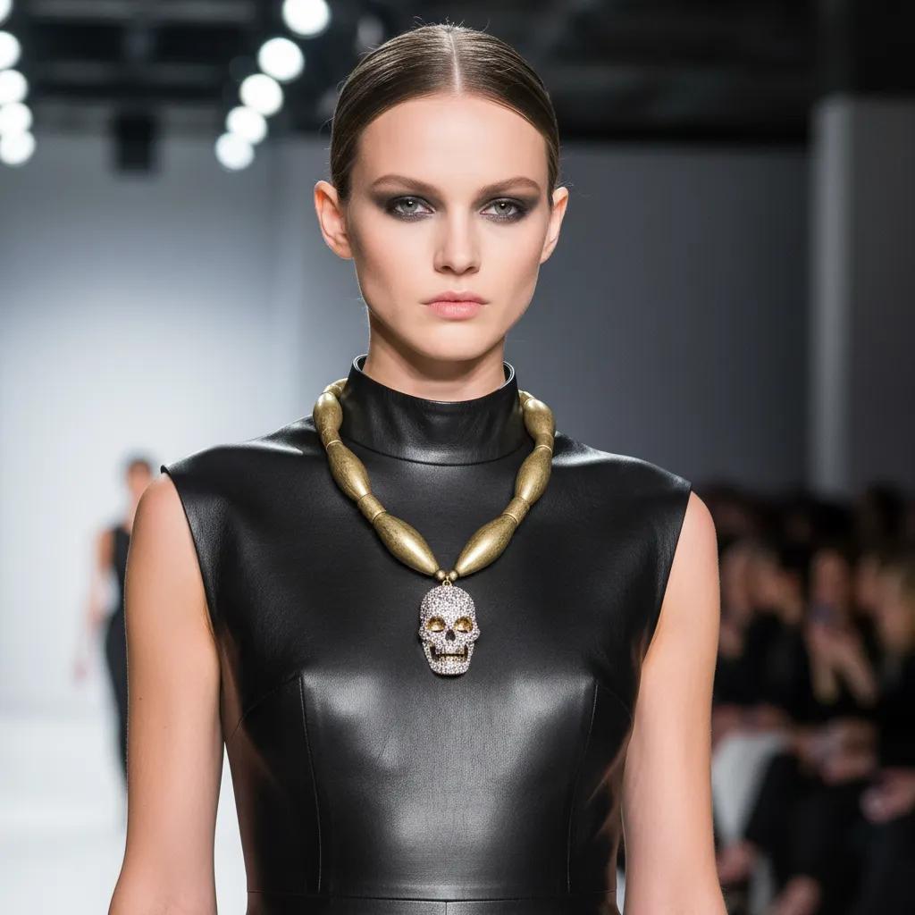 Model wearing a Caro Original skull necklace with gold elongated beads and a crystal‑encrusted skull pendant, styled with a sleek black leather dress on the runway.