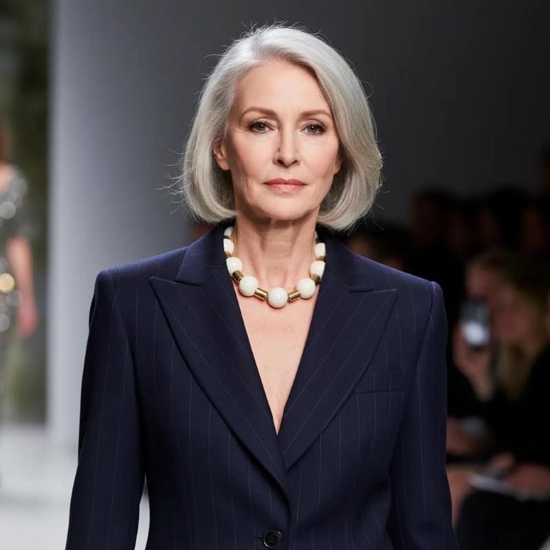 Model wearing an ivory and antique‑gold choker necklace with large beads and gold spacers, styled with a navy pinstripe blazer on a runway.
