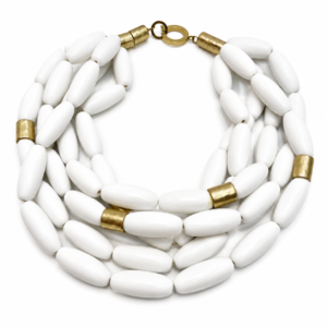 Multi‑strand necklace featuring smooth oval white beads interwoven with cylindrical gold spacers, arranged in layered strands with a gold clasp on a white background.