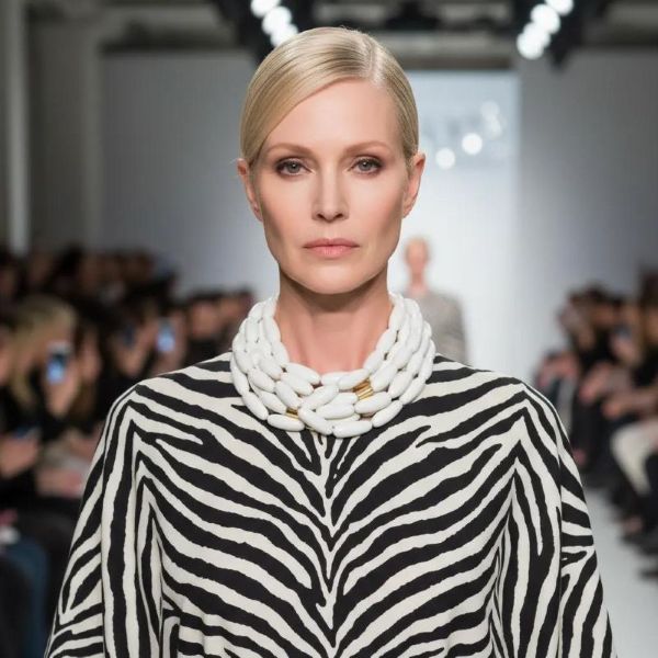 Model wearing a multi‑strand white and gold bead necklace paired with a zebra‑print outfit on a runway, showcasing a bold, elegant fashion look.