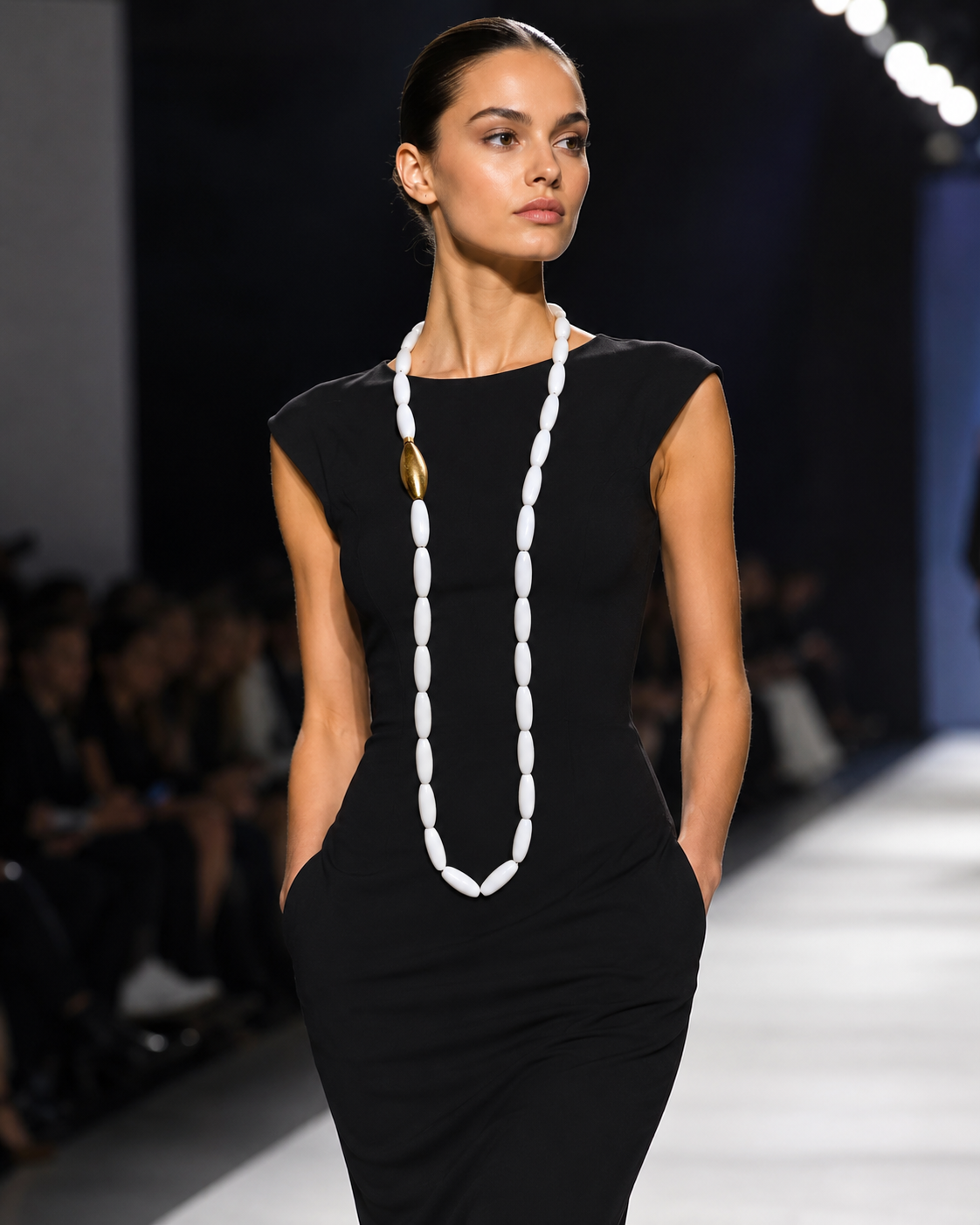 Model walking on a runway wearing a sleek black dress with a long white bead necklace featuring one gold accent bead, illuminated by overhead lights with an audience in the background.