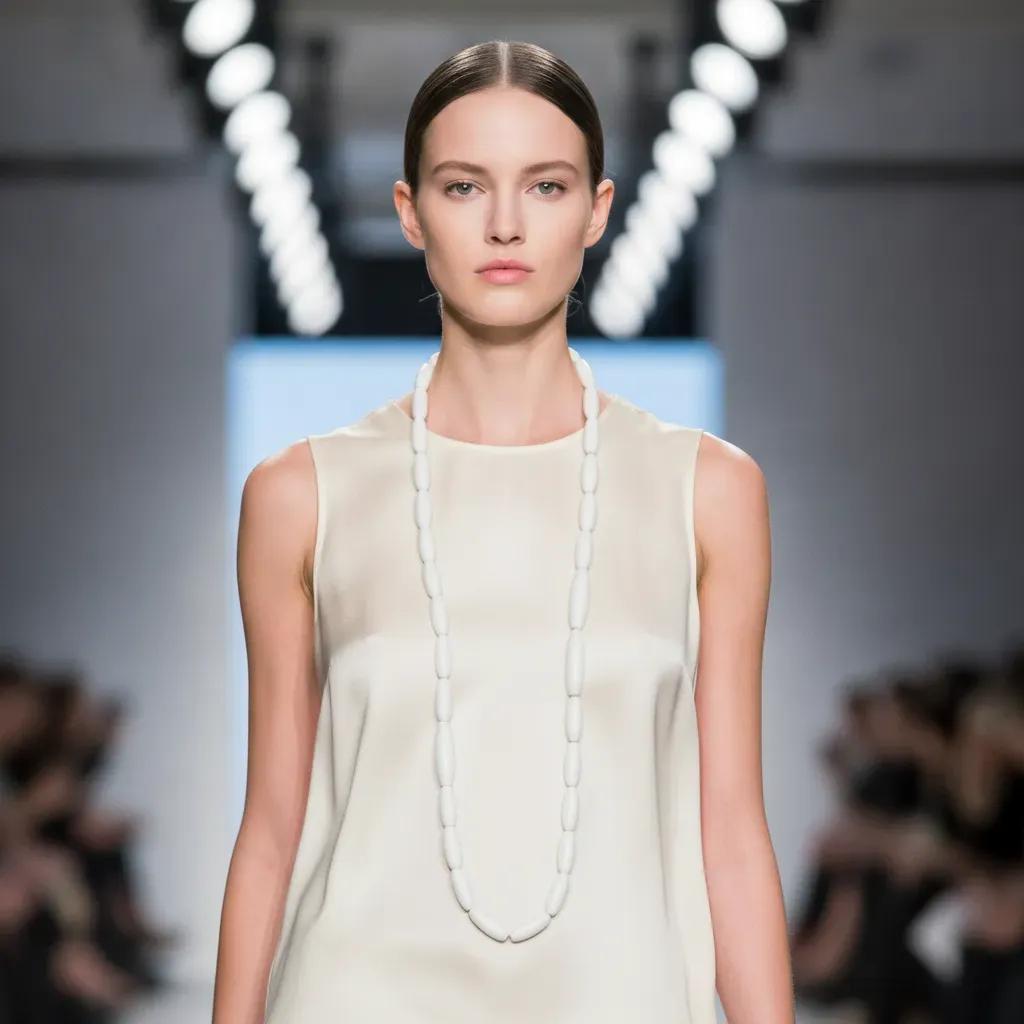 Model wearing a minimalist long white bead necklace over a sleeveless ivory top on a runway, showcasing elegant simplicity and modern Bohemian style.