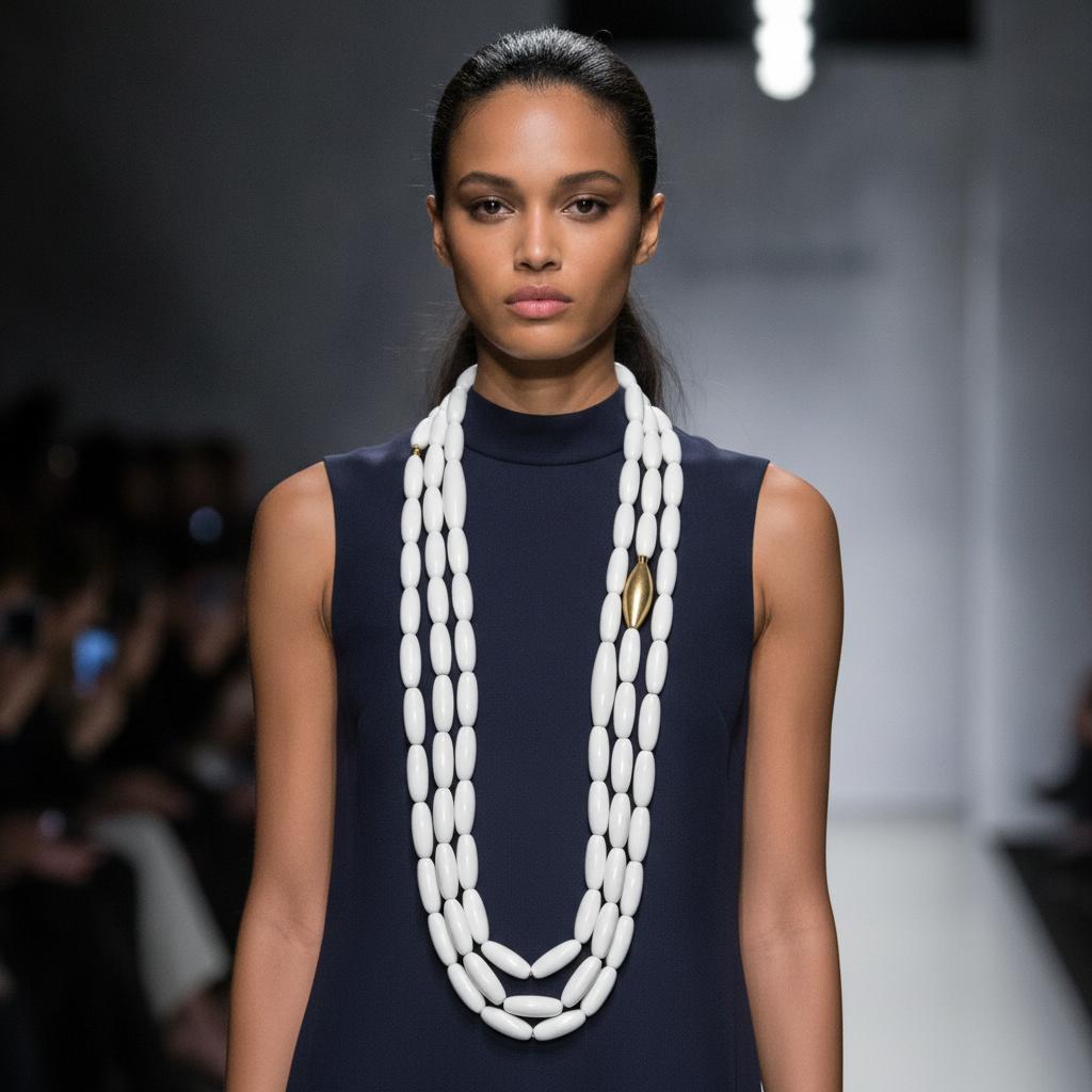 Model wearing a three‑strand extra‑long white bead necklace with one gold accent bead over a navy sleeveless dress on a runway.