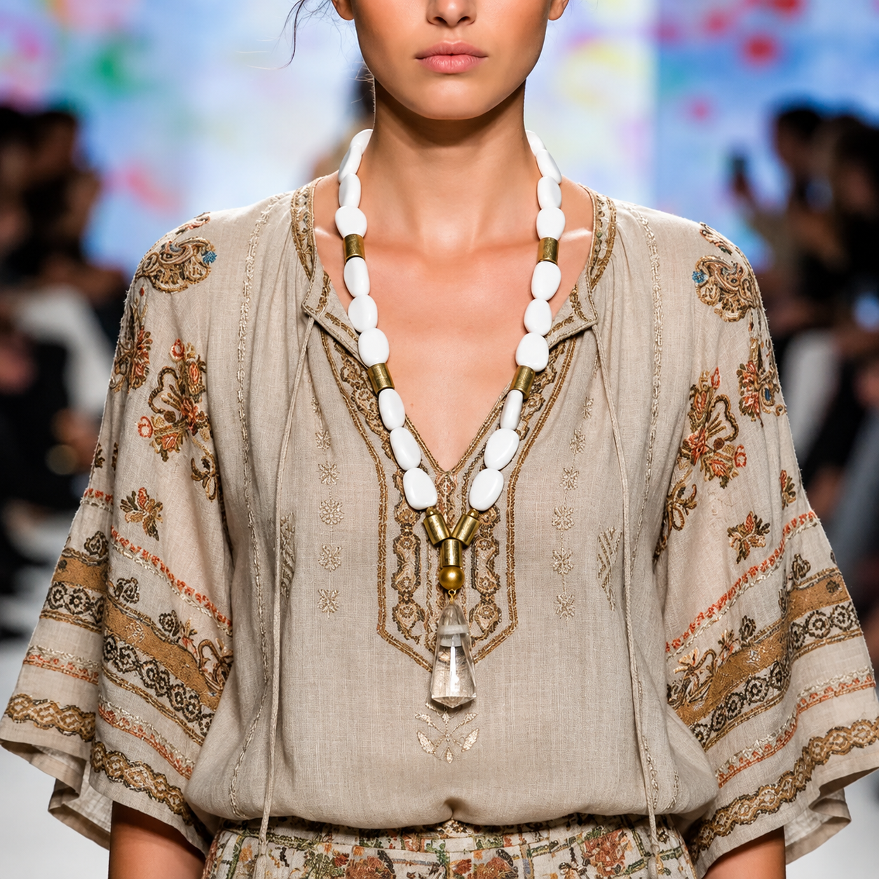 Model wearing a white and gold bead necklace with a clear pendant, styled over a beige embroidered Bohemian blouse on a runway.
