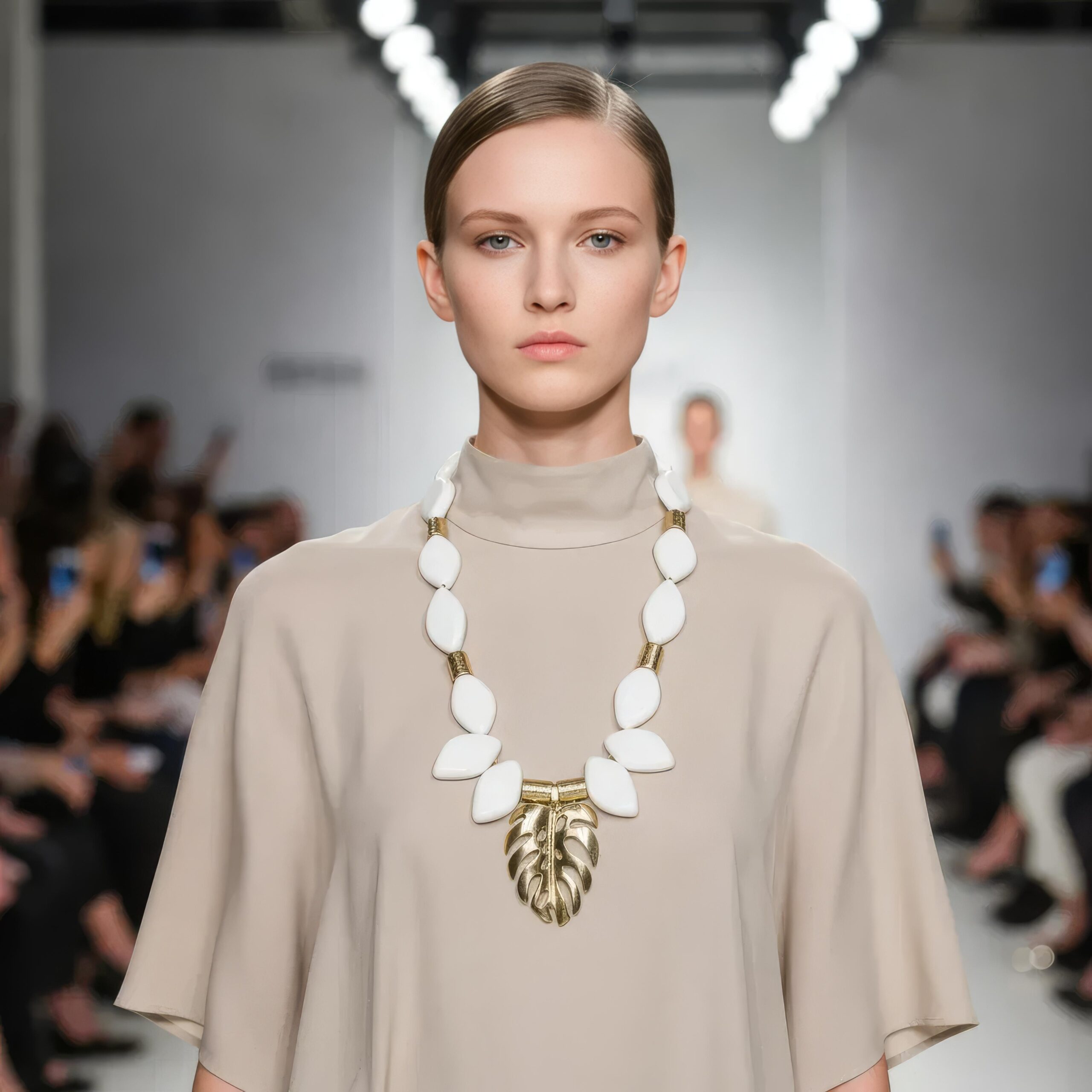 Model wearing a white and gold leaf pendant necklace with matte beads and gold accents, styled over a beige high‑neck dress on a runway.