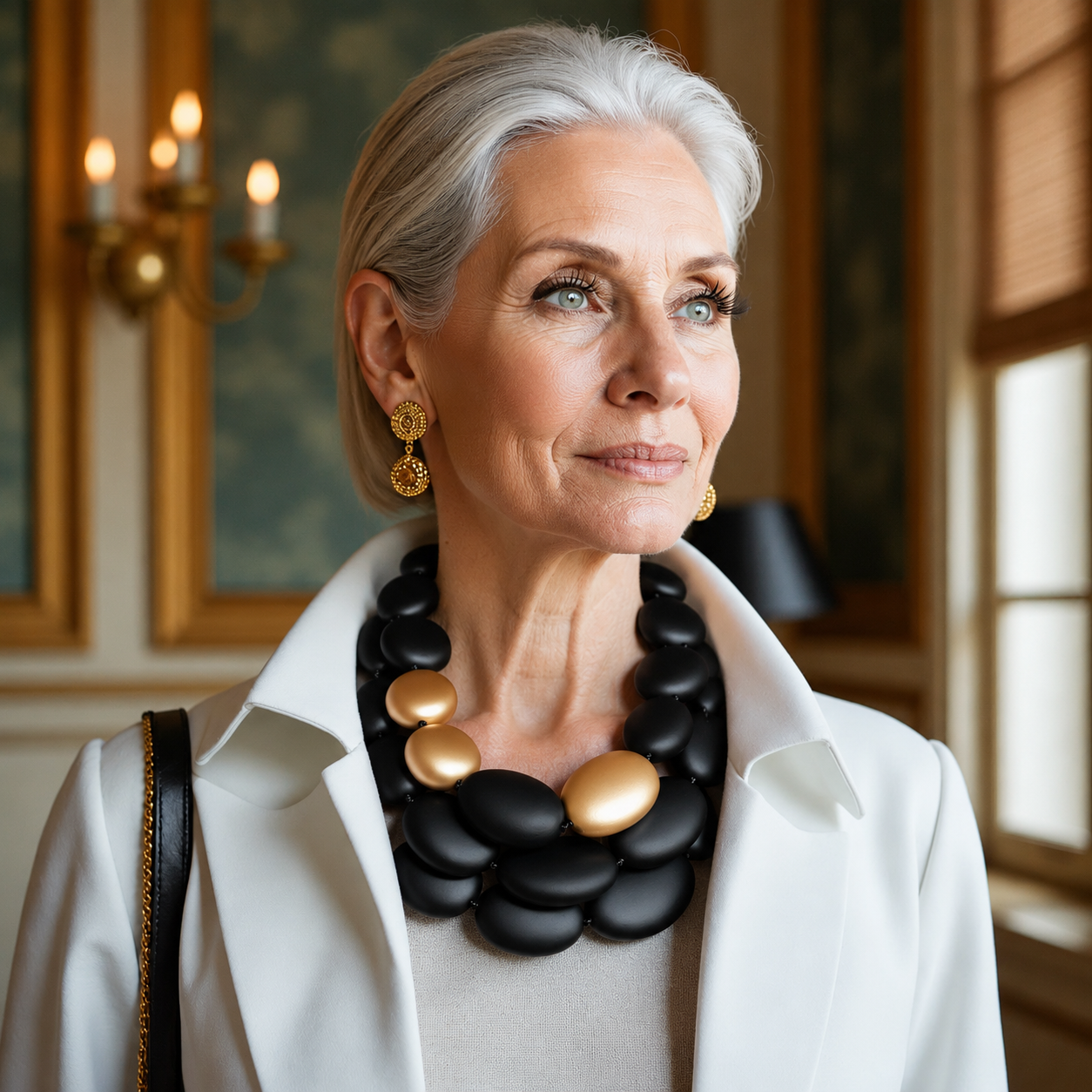 Elegant woman wearing a multi‑strand black and gold bead statement necklace with matching gold earrings and a white blazer in a refined interior setting.