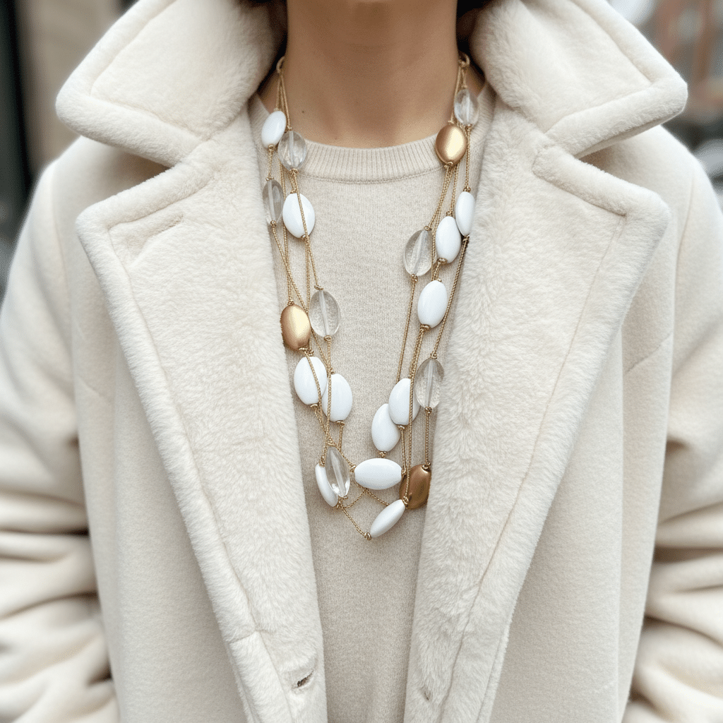 Discover effortless sophistication with this 36-inch multi-strand necklace, designed to bring timeless beauty to your everyday style. Crafted with four strands of lightweight gold nylon cord, it drapes gracefully while remaining comfortable for all-day wear. The necklace is adorned with a striking mix of snow-white and gold resin beads, creating a luminous contrast that instantly elevates any outfit. Unlike heavy statement jewelry, this piece offers the bold look of large beads without the bulk. Its lightweight design ensures easy wear, while the layered strands add depth and movement. Whether styled with a crisp blouse for work or paired with an elegant dress for evening occasions, this necklace transitions seamlessly from day to night. The golden tones radiate a Honeyed warmth, perfectly balanced by the purity of white beads. This Honeyed glow enhances the necklace’s versatility, making it a standout accessory for both casual and formal looks. With its Honeyed elegance and modern simplicity, this necklace is destined to become a staple in your jewelry collection.  Celebrate the harmony of comfort and style with a piece that embodies understated luxury and effortless charm.