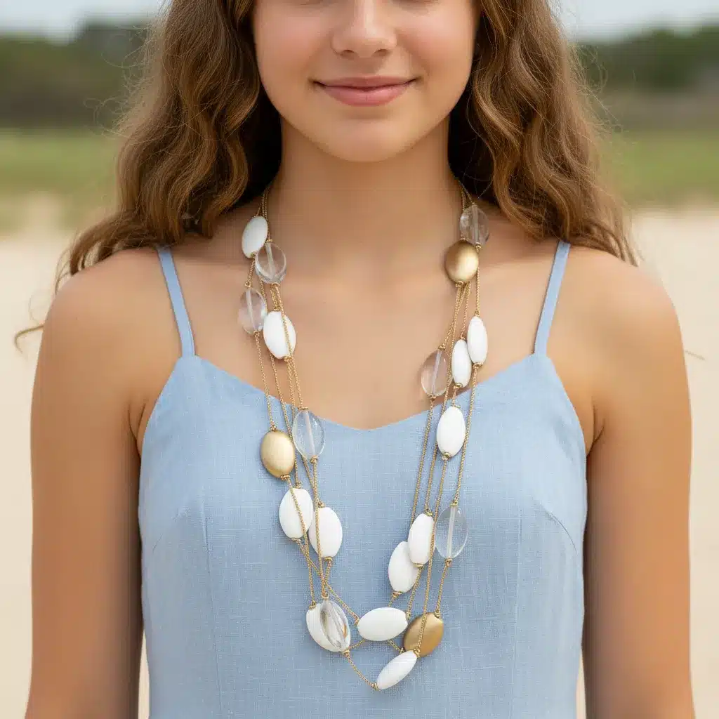 Discover effortless sophistication with this 36-inch multi-strand necklace, designed to bring timeless beauty to your everyday style. Crafted with four strands of lightweight gold nylon cord, it drapes gracefully while remaining comfortable for all-day wear. The necklace is adorned with a striking mix of snow-white and gold resin beads, creating a luminous contrast that instantly elevates any outfit. Unlike heavy statement jewelry, this piece offers the bold look of large beads without the bulk. Its lightweight design ensures easy wear, while the layered strands add depth and movement. Whether styled with a crisp blouse for work or paired with an elegant dress for evening occasions, this necklace transitions seamlessly from day to night. The golden tones radiate a Honeyed warmth, perfectly balanced by the purity of white beads. This Honeyed glow enhances the necklace’s versatility, making it a standout accessory for both casual and formal looks. With its Honeyed elegance and modern simplicity, this necklace is destined to become a staple in your jewelry collection.  Celebrate the harmony of comfort and style with a piece that embodies understated luxury and effortless charm.