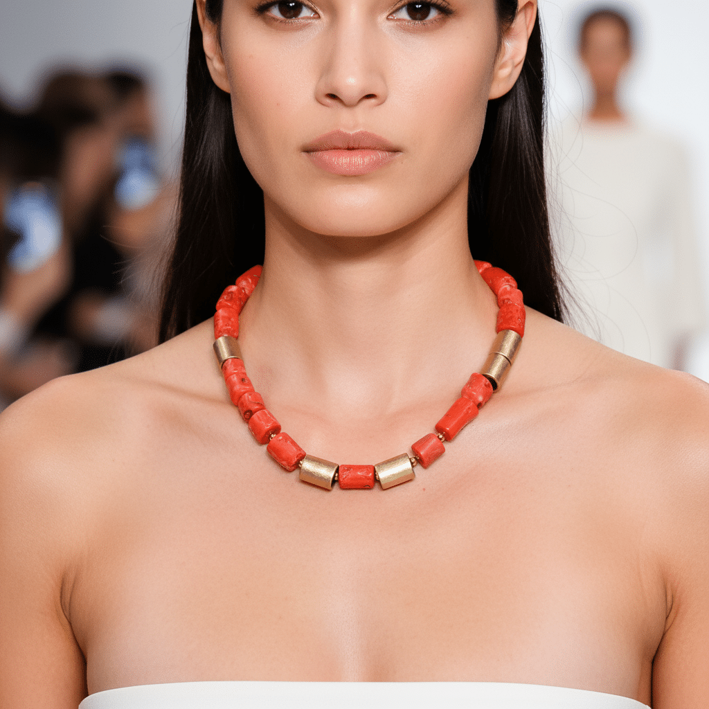 Radiate warmth and effortless charm with the Handcrafted Natural Coral Orange & Gold Necklace—a striking fusion of natural vibrancy and refined elegance. Featuring bright orange coral beads in beautifully irregular shapes, this necklace captures the essence of organic design, with each piece showcasing its own unique texture and form. Interspersed with textured cylindrical gold beads, it delivers a graceful contrast of brilliance and sophistication. Lightweight yet visually impactful, this handcrafted necklace offers the ideal balance between bold color and minimalist style. The vivid orange coral infuses energy and personality, while the subtle golden accents lend an elevated polish that suits both casual and dressed-up occasions. Whether paired with crisp neutrals for a pop of color or layered with other warm-toned accessories, this natural coral necklace adapts to your mood and moment. It’s perfect for travelers, creatives, and anyone drawn to the beauty of artisanal pieces with a fresh twist.  The Coral Orange & Gold Necklace isn’t just an accessory—it’s a wearable celebration of individuality and simplicity, suitable for the office, travel, or fun.  Add it to your collection and let your look glow with the joyful essence of natural design.