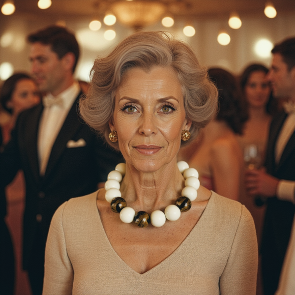 This elegant ivory and gold color necklace features a stunning combination of ivory color beads and black beads adorned with luxurious gold leaf.