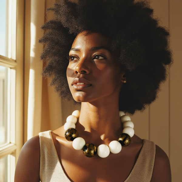 This elegant ivory and gold color necklace features a stunning combination of ivory color beads and black beads adorned with luxurious gold leaf.