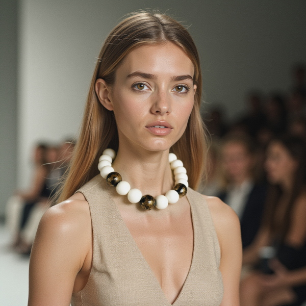 This elegant ivory and gold color necklace features a stunning combination of ivory color beads and black beads adorned with luxurious gold leaf.