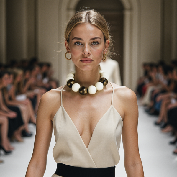 This elegant ivory and gold color necklace features a stunning combination of ivory color beads and black beads adorned with luxurious gold leaf.