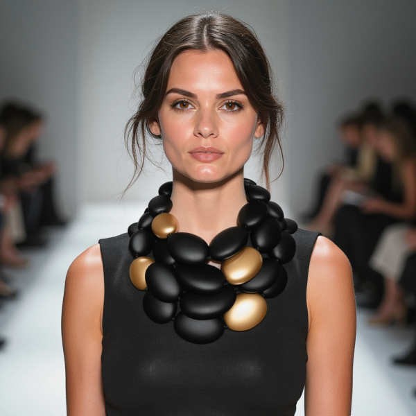 Statement multistrand necklace features a striking combination of matte black and gold beads, elegantly designed to make an impression.