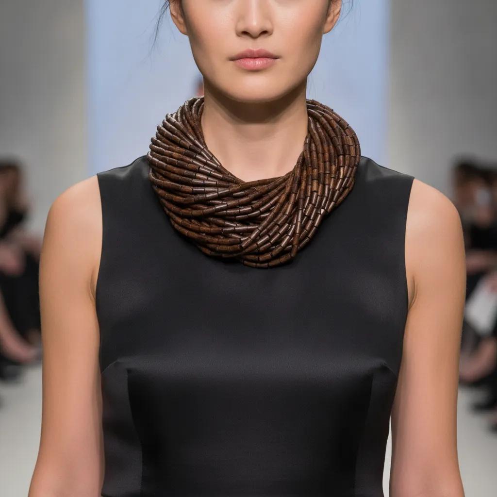 Model wearing a multi‑strand brown wooden bead necklace with a natural onyx toggle clasp, styled with a sleeveless black dress on a runway.