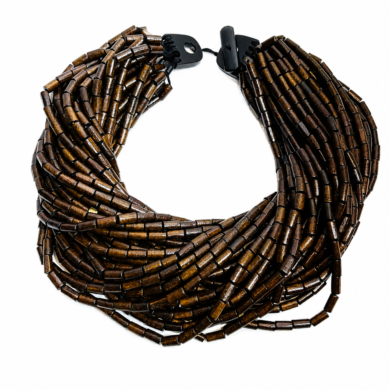 Chunky multi‑strand necklace made of rich brown cylindrical wooden beads with a natural onyx toggle clasp, displayed on a white background.