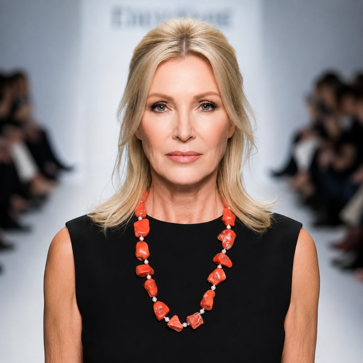 Model wearing a long coral and pearl necklace with irregular orange coral beads and white pearls, styled with a sleeveless black dress on a runway.