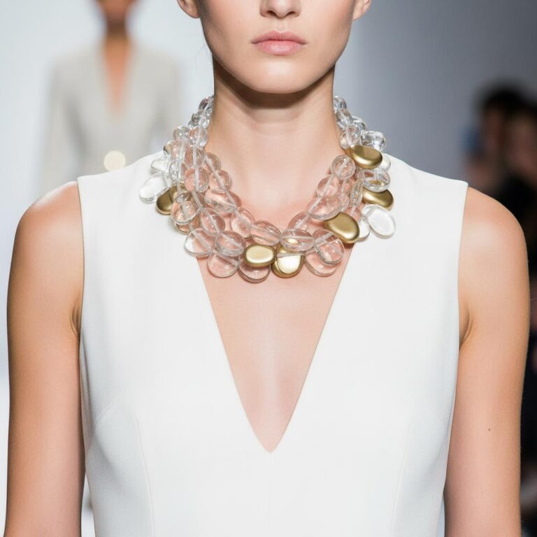 Model wearing a multi‑strand clear and gold bead statement necklace with a deep‑V white dress on a runway, showcasing elegant contrast and modern style.