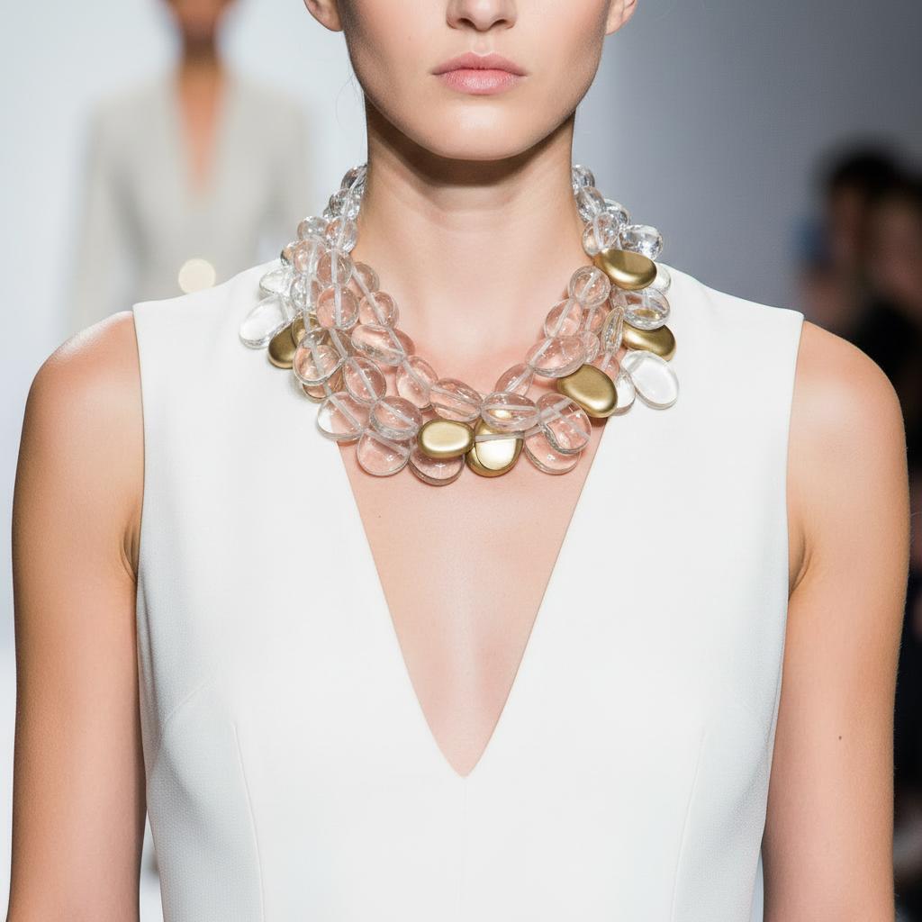 Model wearing a multi‑strand clear and gold bead statement necklace with a deep‑V white dress on a runway, showcasing elegant contrast and modern style.