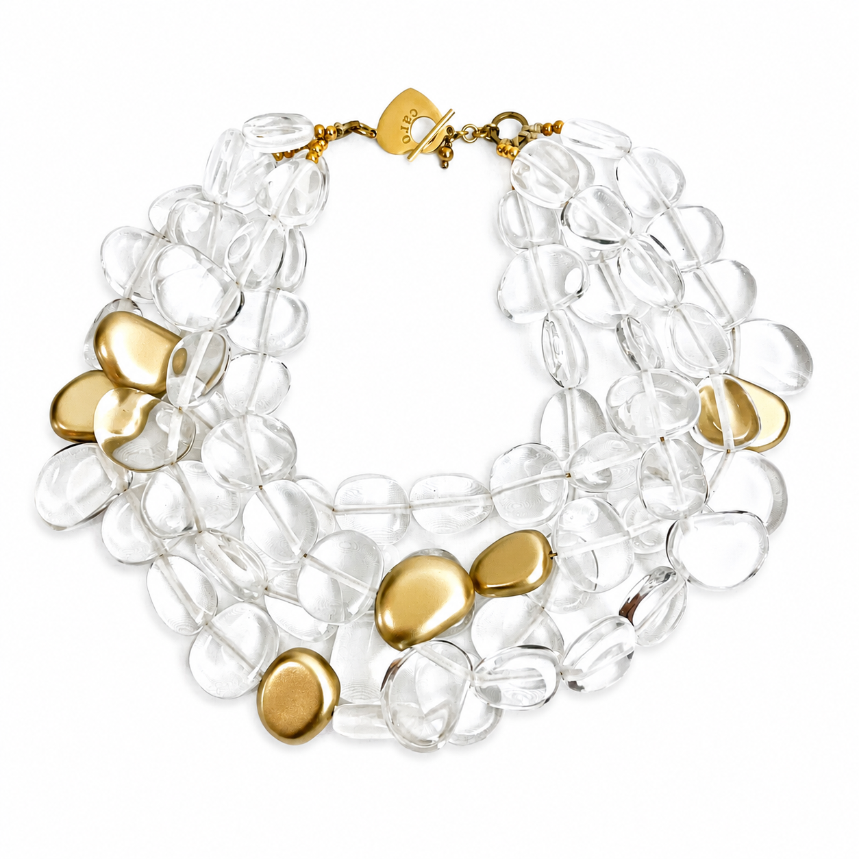 Multi‑strand necklace featuring clear glass‑like beads interspersed with smooth gold accent beads and gold clasp, arranged in layered design on a white background.