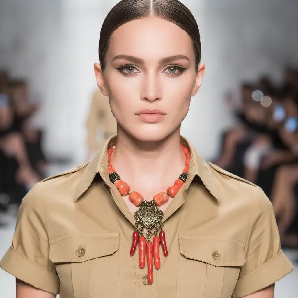 Model wearing a handcrafted orange and red coral tribal necklace with a brass pendant and dangling coral charms, styled with a tan shirt dress on a runway.