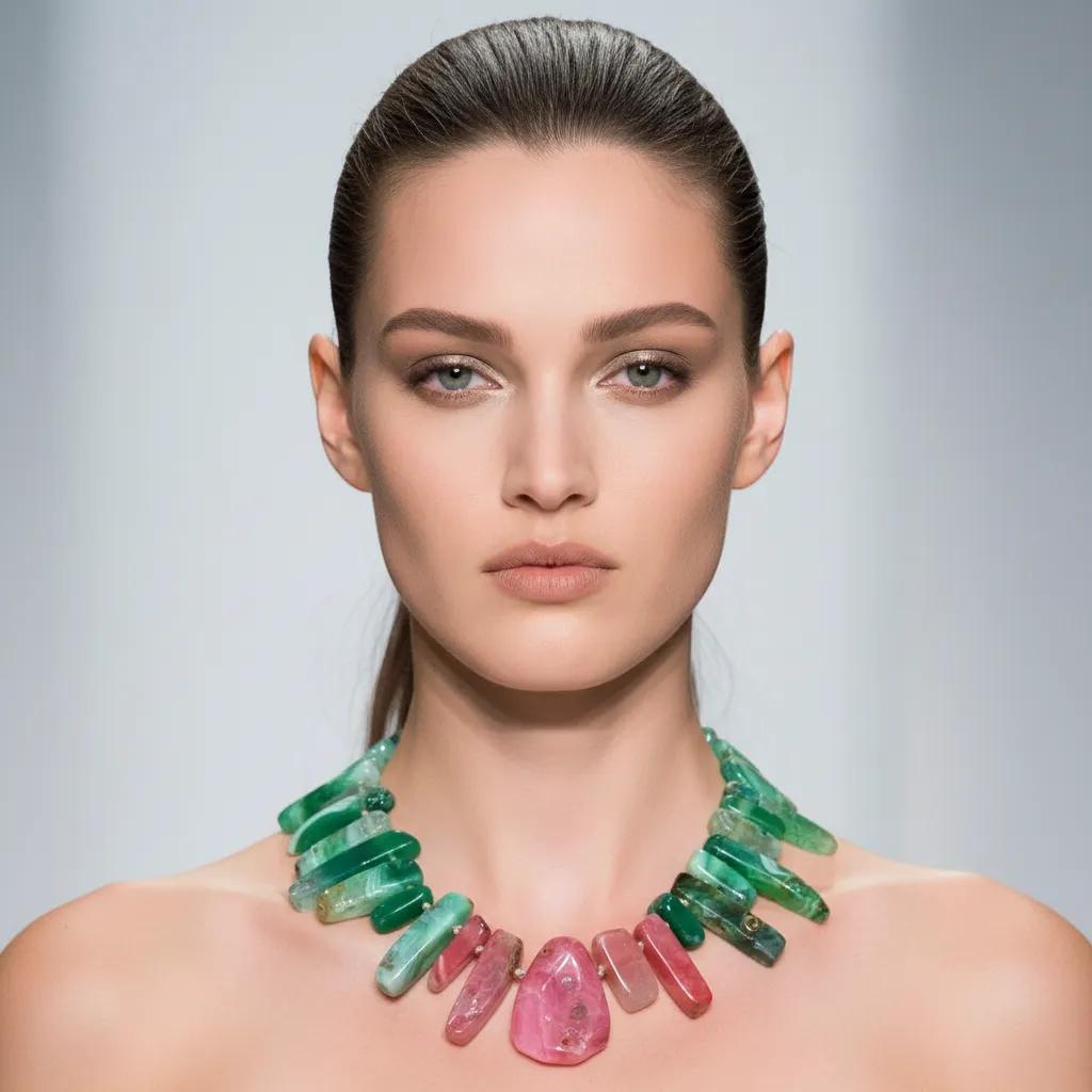 Model wearing a natural stone necklace with green agate and red accent beads, styled with sleek hair and neutral makeup on a runway.