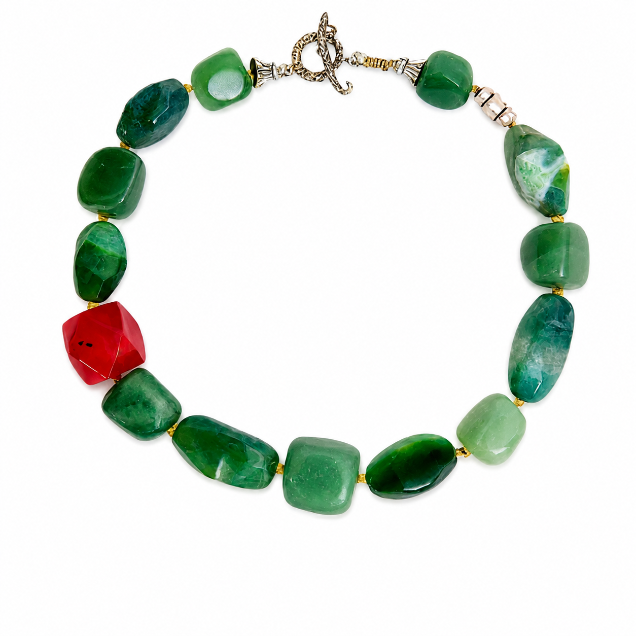 Choker necklace featuring smooth green Aventurine stones with a single pink Agate accent bead and silver clasp, arranged on a white background.
