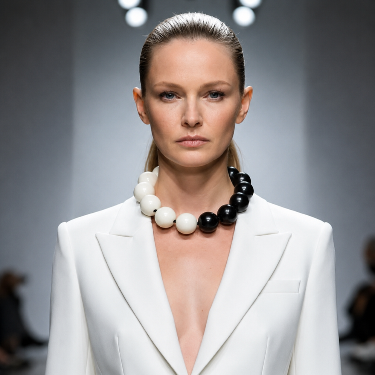 Model wearing a black and ivory acrylic bead necklace with a white tailored blazer on a runway, showcasing a minimalist monochrome look.