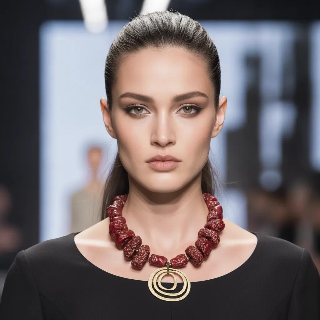 Model wearing a handcrafted red coral necklace with a brass concentric ring pendant, styled with a black dress on a runway.