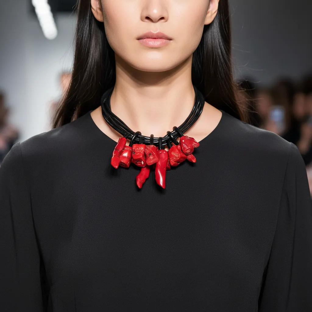 Model wearing a handcrafted red coral pendant necklace with black vegan leather cords, styled with a black dress on a runway.