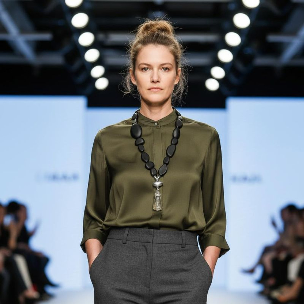 Model wearing a matte black bead necklace with a silver and clear drop pendant, styled over an olive satin blouse and gray tailored trousers on a runway.