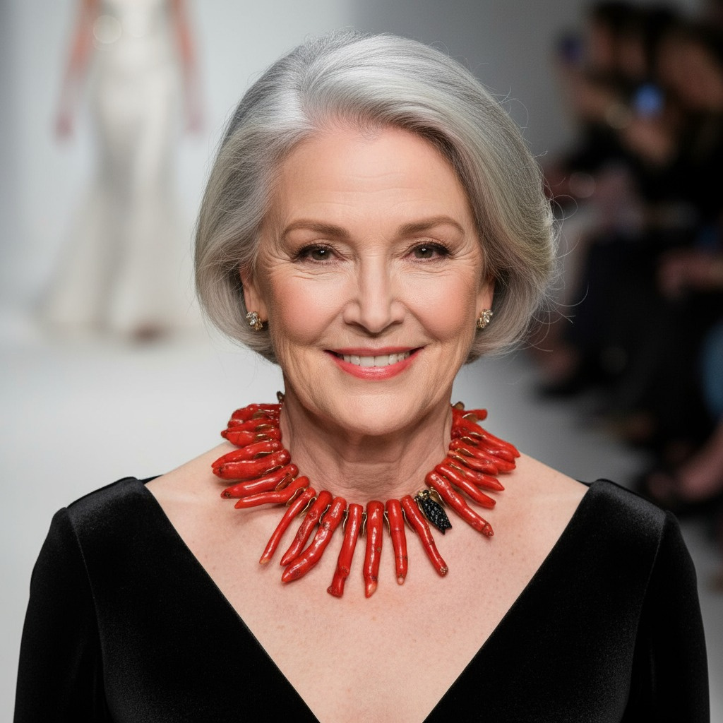 Model with silver hair wearing a bold red coral branch necklace with a gold clasp and black accent bead, styled over a black velvet dress on a runway.