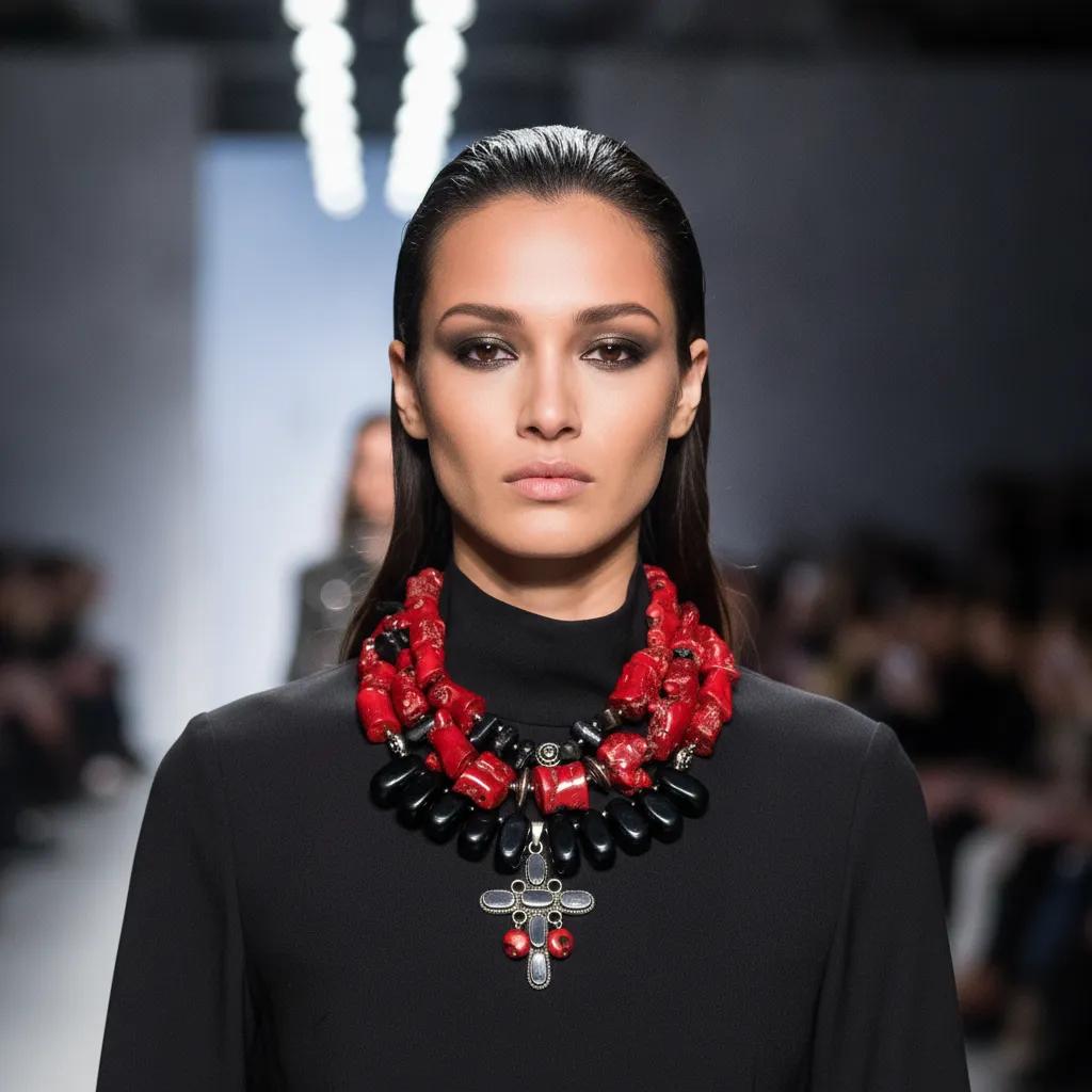 Runway model wearing a triple‑strand red coral and black obsidian necklace with a black cross pendant, styled over a high‑neck black dress under bright runway lighting.