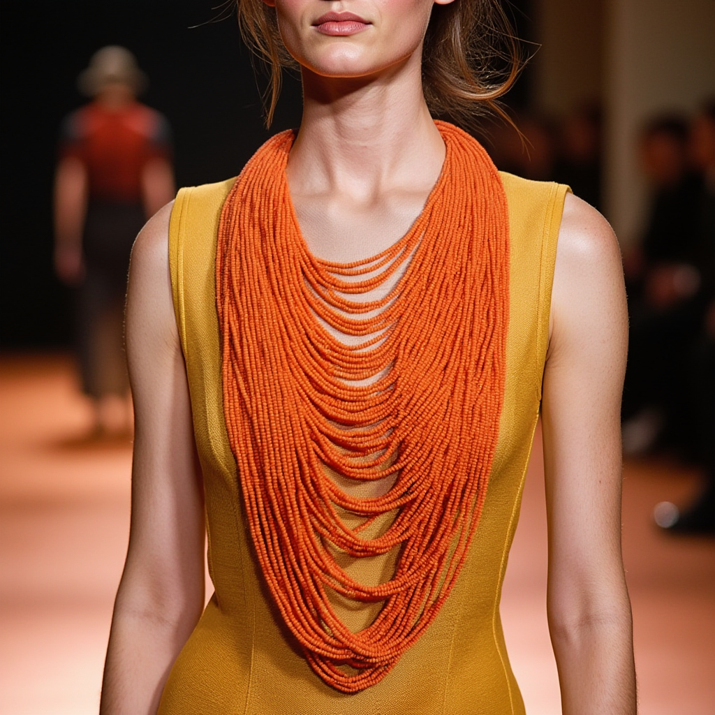 Model wearing a layered orange bead necklace with multiple strands draping elegantly over a mustard‑yellow sleeveless dress on a runway.