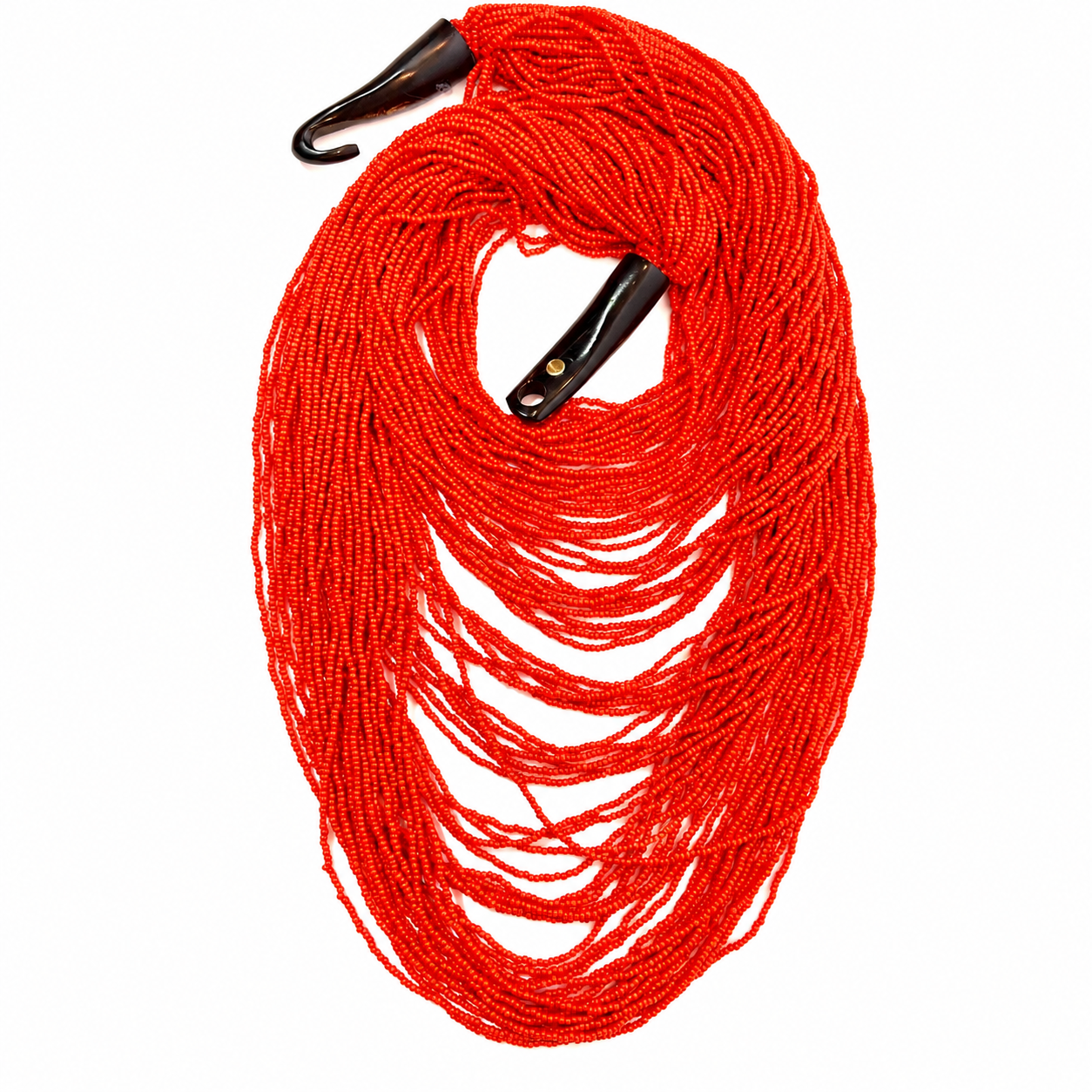 Multistrand necklace composed of numerous small orange sea beads arranged in cascading layers, secured by two black horn clasps with metallic rivets, displayed on a white background.