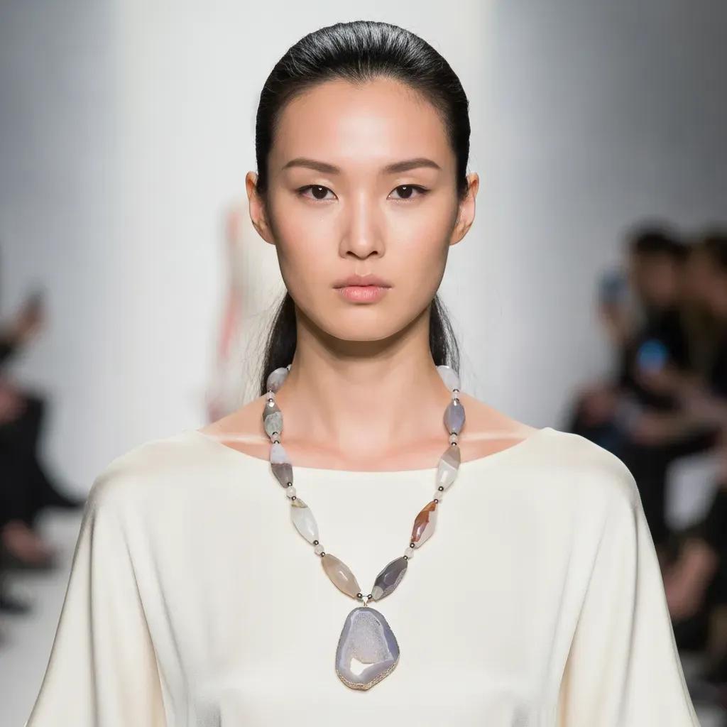 Model wearing a gray agate and pink quartz necklace with a large geode pendant, styled over a minimalist cream blouse on a runway.