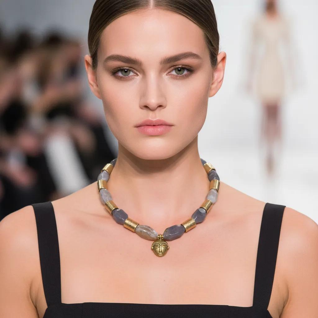 Model wearing a gray crystal and gold bead necklace with a gold face pendant, styled over a black square‑neck dress on a runway.