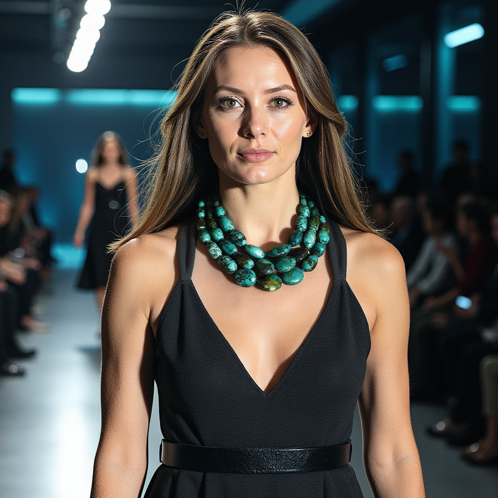 Woman wearing multi‑strand green turquoise necklace with black dress on runway, showcasing layered natural gemstone design.
