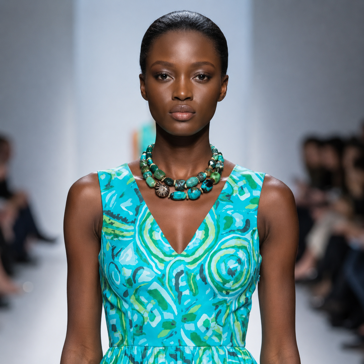 Model wearing a sleeveless turquoise patterned dress and a two‑strand Aventurine and Turquoise necklace with Ammonite fossil centerpiece on runway.