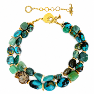 Two‑strand Aventurine and Turquoise necklace featuring natural green and blue stones, gold toggle clasp engraved ‘Caro,’ and authentic Ammonite fossil accent.