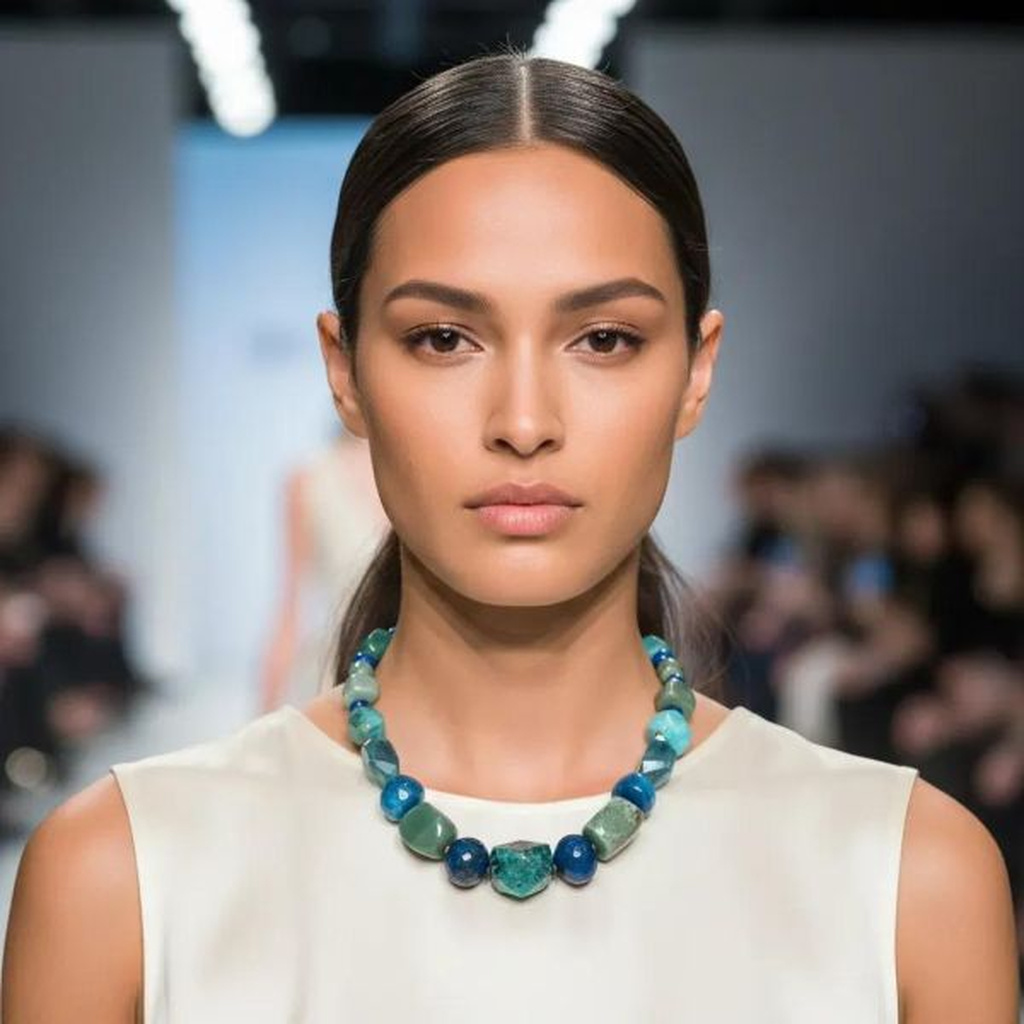 Model wearing a sleeveless ivory top and a Blue Green Necklace made of natural Blue Agate and Green Aventurine stones on runway.