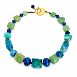 Handcrafted Blue Green Necklace featuring polished Blue Agate and Green Aventurine stones with gold toggle clasp engraved ‘Caro.