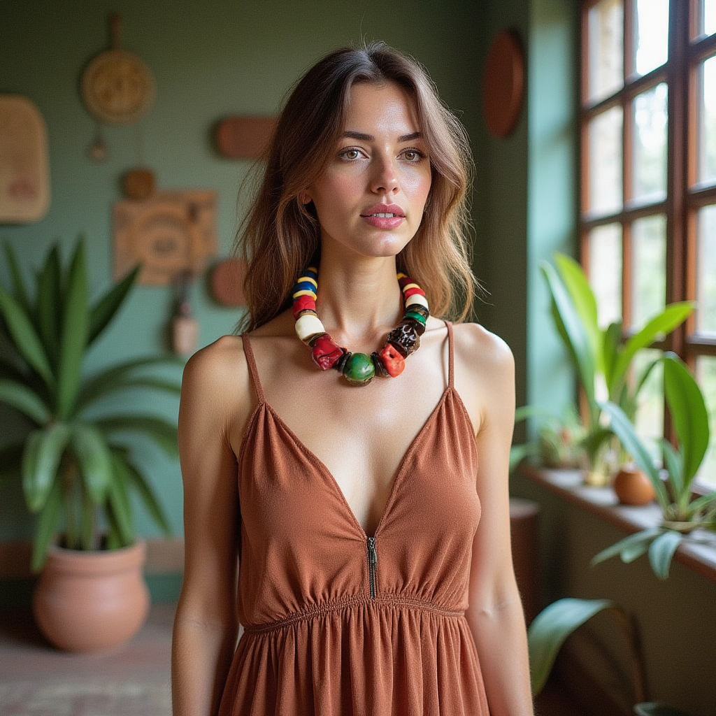Woman wearing a rust‑colored dress and bold Mardi Gras necklace made of multicolor natural stones and coral beads in an earthy indoor setting with plants.